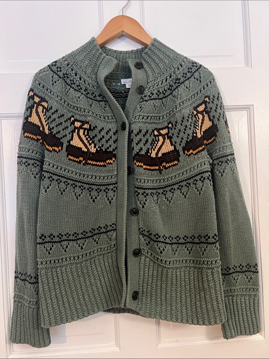 L.L. Bean Sweaters - L.L. Bean Knit Cardigan Sage Green with Duck Boots Fair Isle Motif